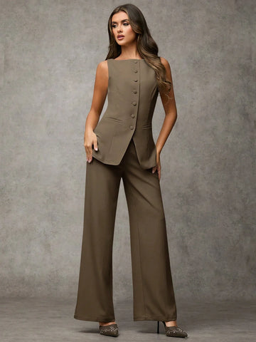 BAE Women's Solid Color Round Neck Single-Breasted Vest And Pants