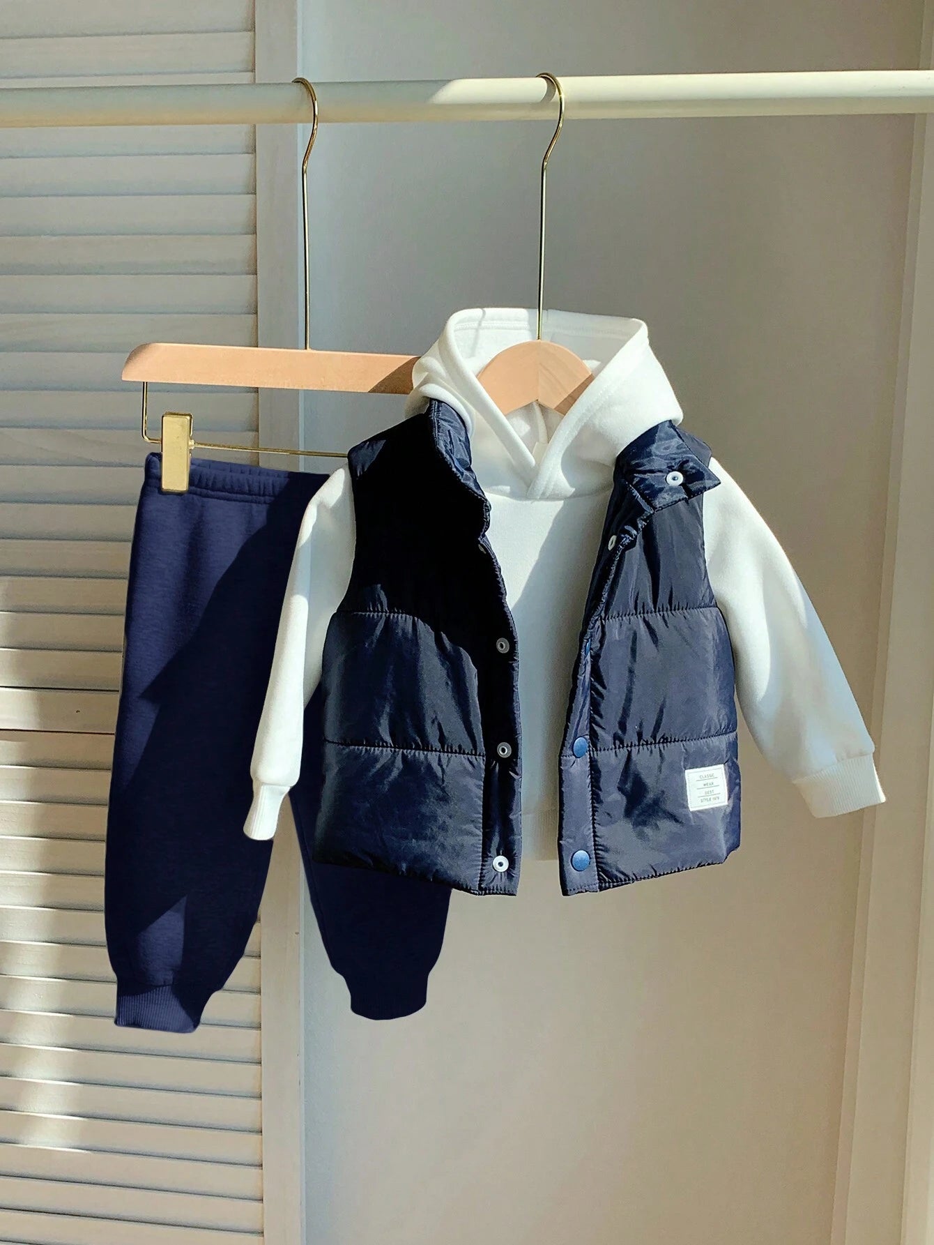 3pcs/Set Baby Boy Casual Cute Knitted Long Sleeve Hooded Sweatshirt, Elastic Waist Jogger Pants And Fleece Lined Vest