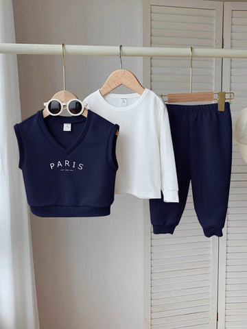 3pcs Set Baby Boy/Girl Letter Print Crew Neck Short Sleeve Top And Solid Color Pants