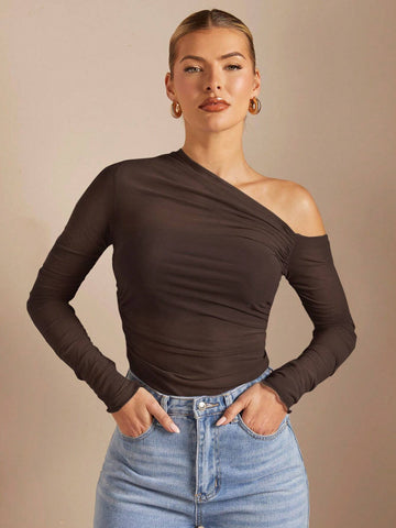 BAE Women's Asymmetrical Collar Ruched Perspective Tight T-Shirt