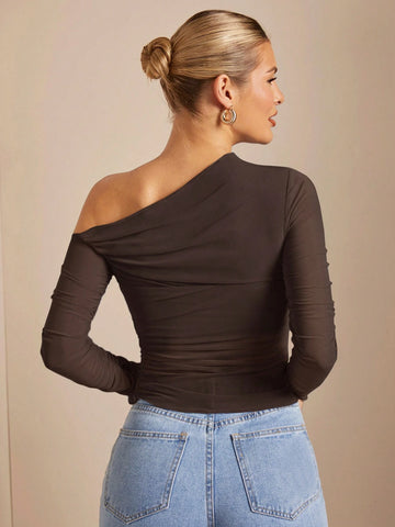 BAE Women's Asymmetrical Collar Ruched Perspective Tight T-Shirt