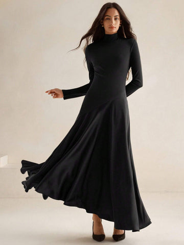 Anewsta Urban High-End Knitted & Woven Mixed Long Sleeve Mock Neck High Low Hem Midi Dress