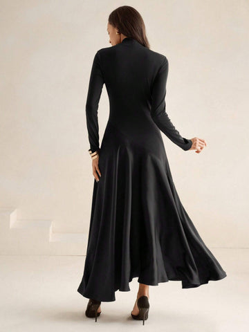 Anewsta Urban High-End Knitted & Woven Mixed Long Sleeve Mock Neck High Low Hem Midi Dress