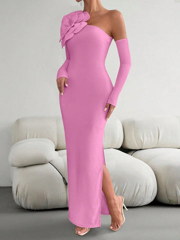 Priv� Women 3D Floral Decor Asymmetric Neckline Long Sleeve Slim Fit Elegant Dress