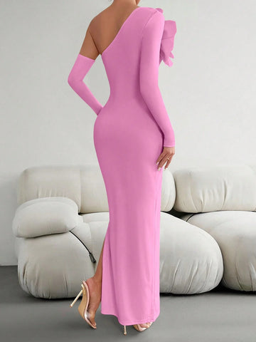 Priv� Women 3D Floral Decor Asymmetric Neckline Long Sleeve Slim Fit Elegant Dress