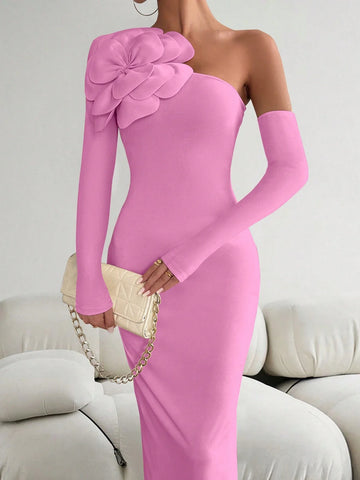 Priv� Women 3D Floral Decor Asymmetric Neckline Long Sleeve Slim Fit Elegant Dress
