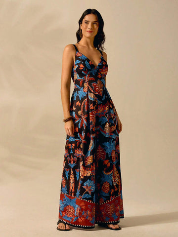 Women's Boho Leopard, Pineapple, Tropical Flora And Fauna Print, Sleeveless Black Long Jumpsuit