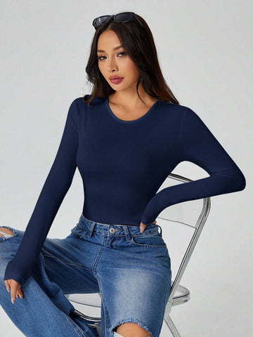 PETITE Solid Long Sleeve Slim Fit White T-Shirt Bodysuit