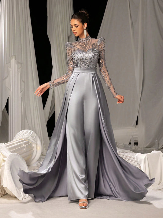 Faeriesty Gorgeous Sheer Sequin Bodice Long Sleeve Formal Party Jumpsuit