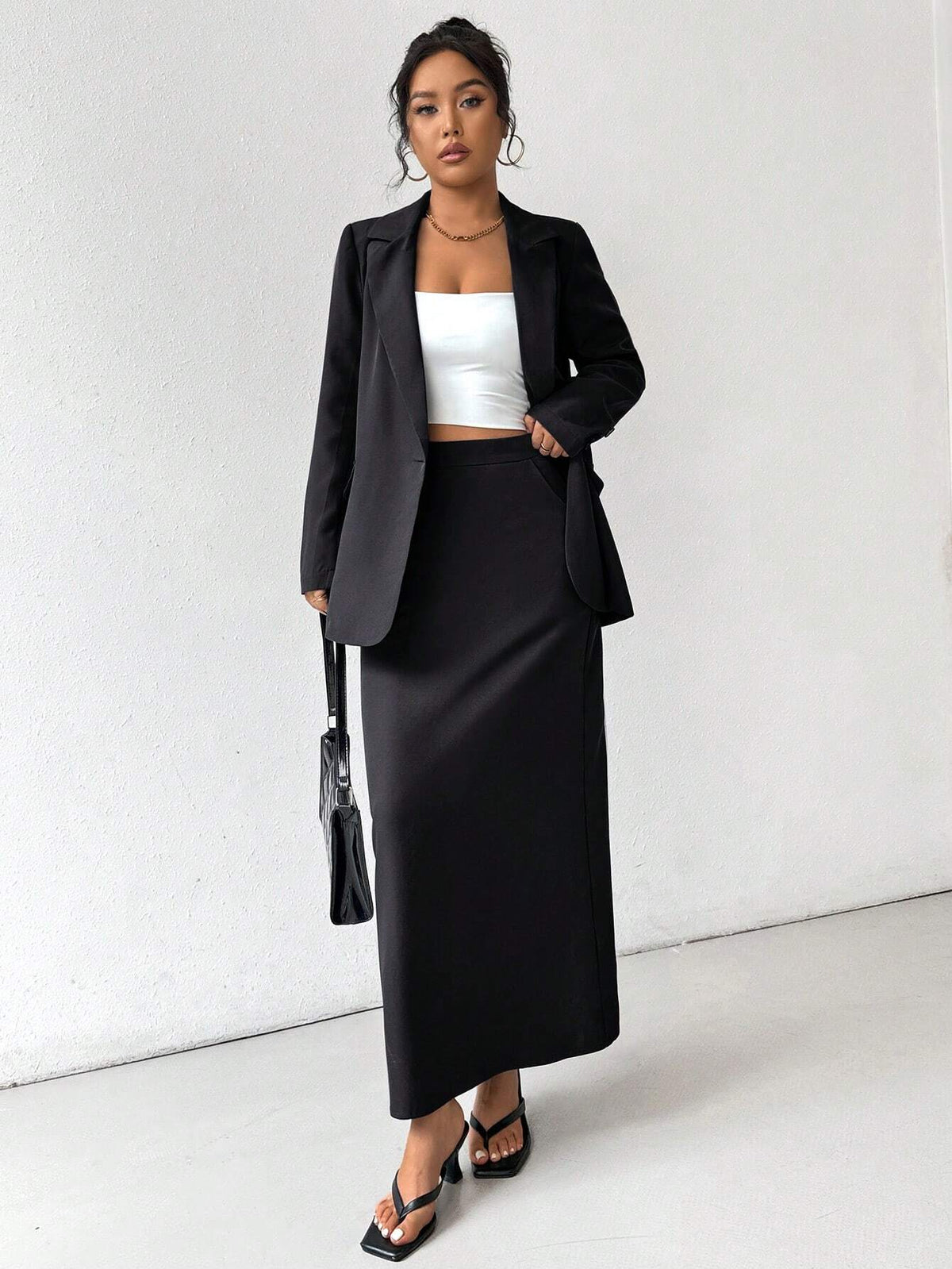 Privé Women's French Retro Casual High-Grade Gray Solid Color Minimalist Business Suit Skirt Set