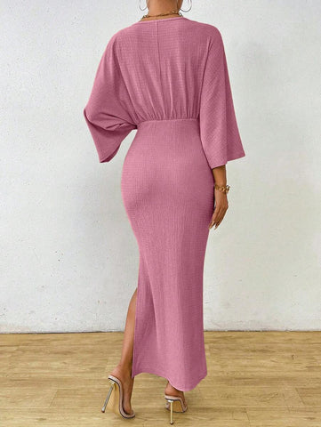 Clasi 1pc Women Plain Color Long Sleeve Front Tie Slit Simple Casual Dress