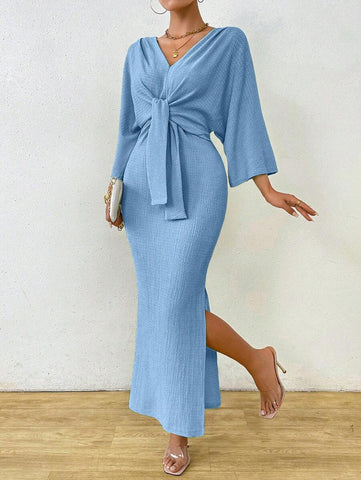 Clasi 1pc Women Plain Color Long Sleeve Front Tie Slit Simple Casual Dress
