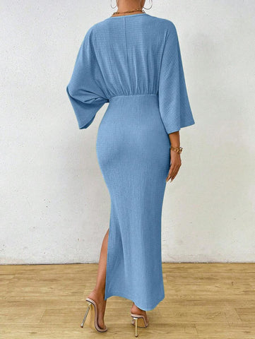 Clasi 1pc Women Plain Color Long Sleeve Front Tie Slit Simple Casual Dress