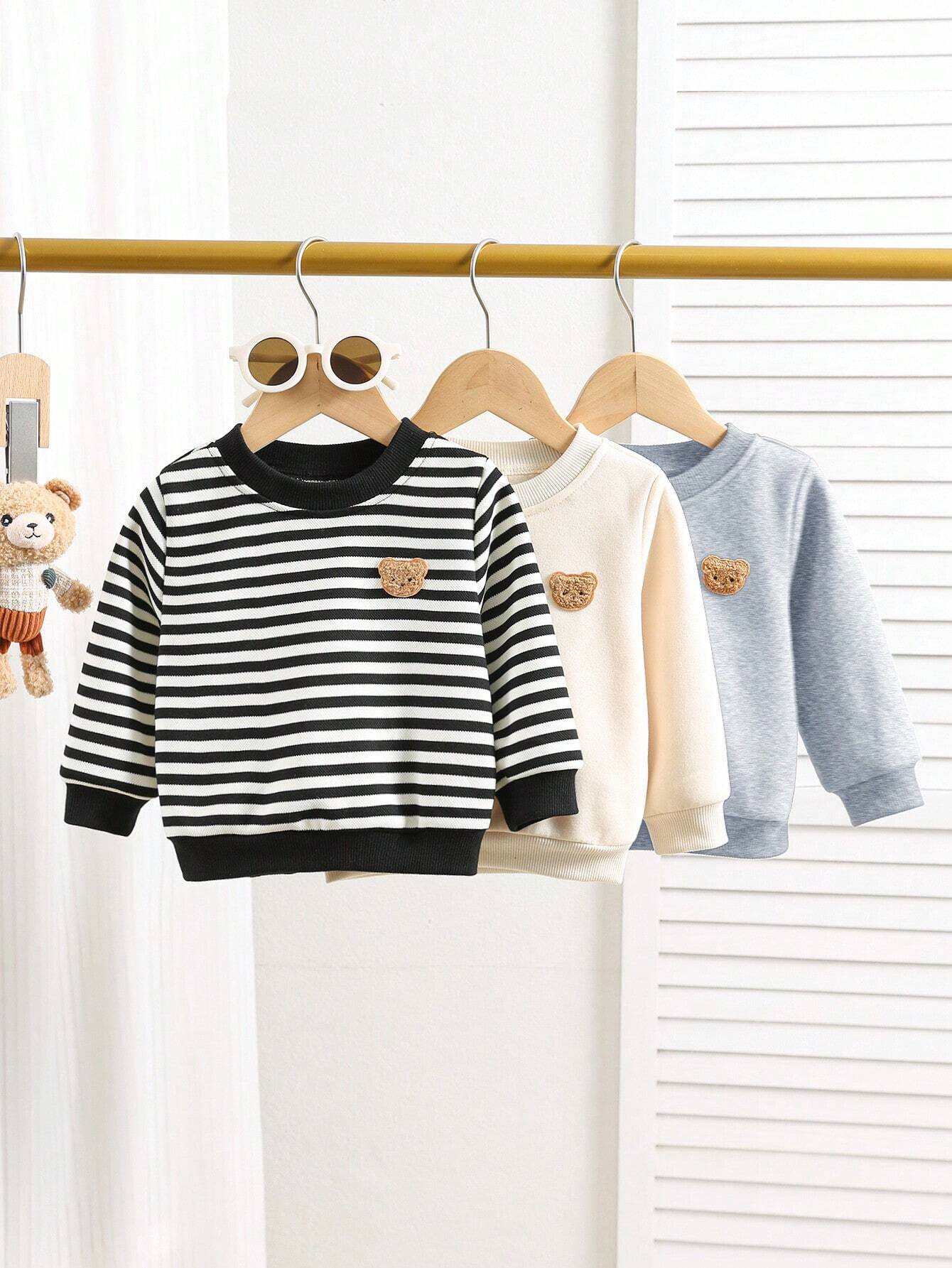 3pcs Baby Boy Casual Cartoon Solid Color Long Sleeve Sweatshirt Sets