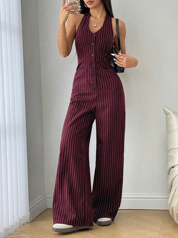 Flirla Striped Print Backless Button Up Casual Sleeveless Jumpsuit