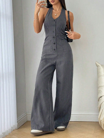 Flirla Striped Print Backless Button Up Casual Sleeveless Jumpsuit