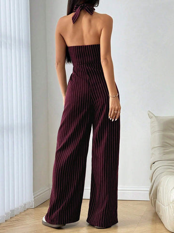 Flirla Striped Print Backless Button Up Casual Sleeveless Jumpsuit