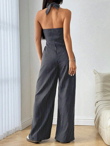 Flirla Striped Print Backless Button Up Casual Sleeveless Jumpsuit