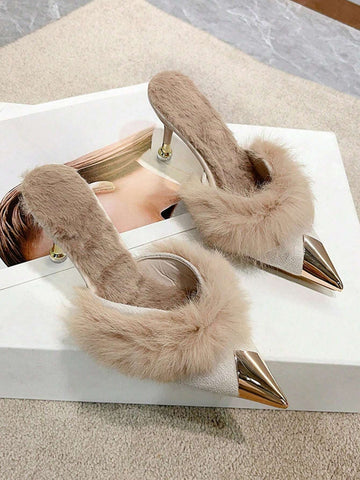 Women's Solid Color High Heel Slide Sandals With Metal Toe Fuzzy Decor