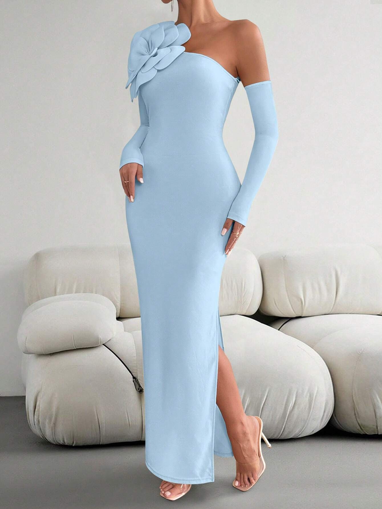 Priv� Women 3D Floral Decor Asymmetric Neckline Long Sleeve Slim Fit Elegant Dress