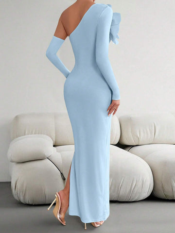 Priv� Women 3D Floral Decor Asymmetric Neckline Long Sleeve Slim Fit Elegant Dress