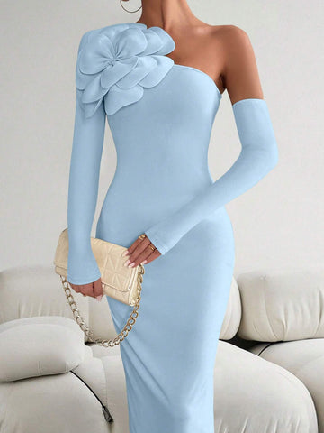 Priv� Women 3D Floral Decor Asymmetric Neckline Long Sleeve Slim Fit Elegant Dress