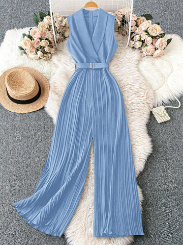 Franclia 1set Apple Collar Sleeveless Waist Belt Pleated Jumpsuit With Straight Leg Pants