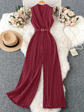 Franclia 1set Apple Collar Sleeveless Waist Belt Pleated Jumpsuit With Straight Leg Pants
