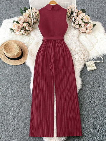 Franclia 1set Apple Collar Sleeveless Waist Belt Pleated Jumpsuit With Straight Leg Pants