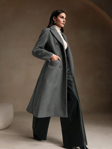 Anewsta 1pc Women's Long Single-Breasted Slim Overcoat With Pockets