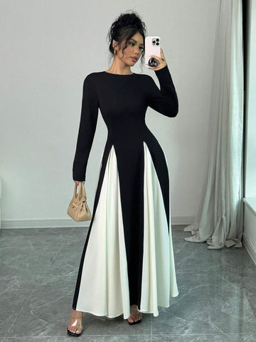 Color Block Long Sleeve Round Neck Patchwork Casual & Office Dress