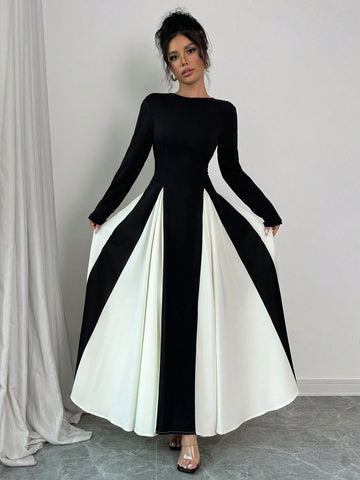 Color Block Long Sleeve Round Neck Patchwork Casual & Office Dress