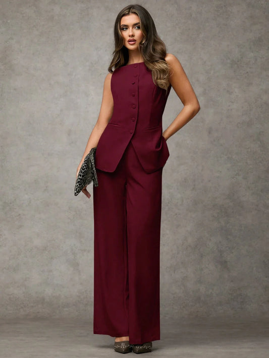 BAE Women's Solid Color Round Neck Single-Breasted Vest And Pants