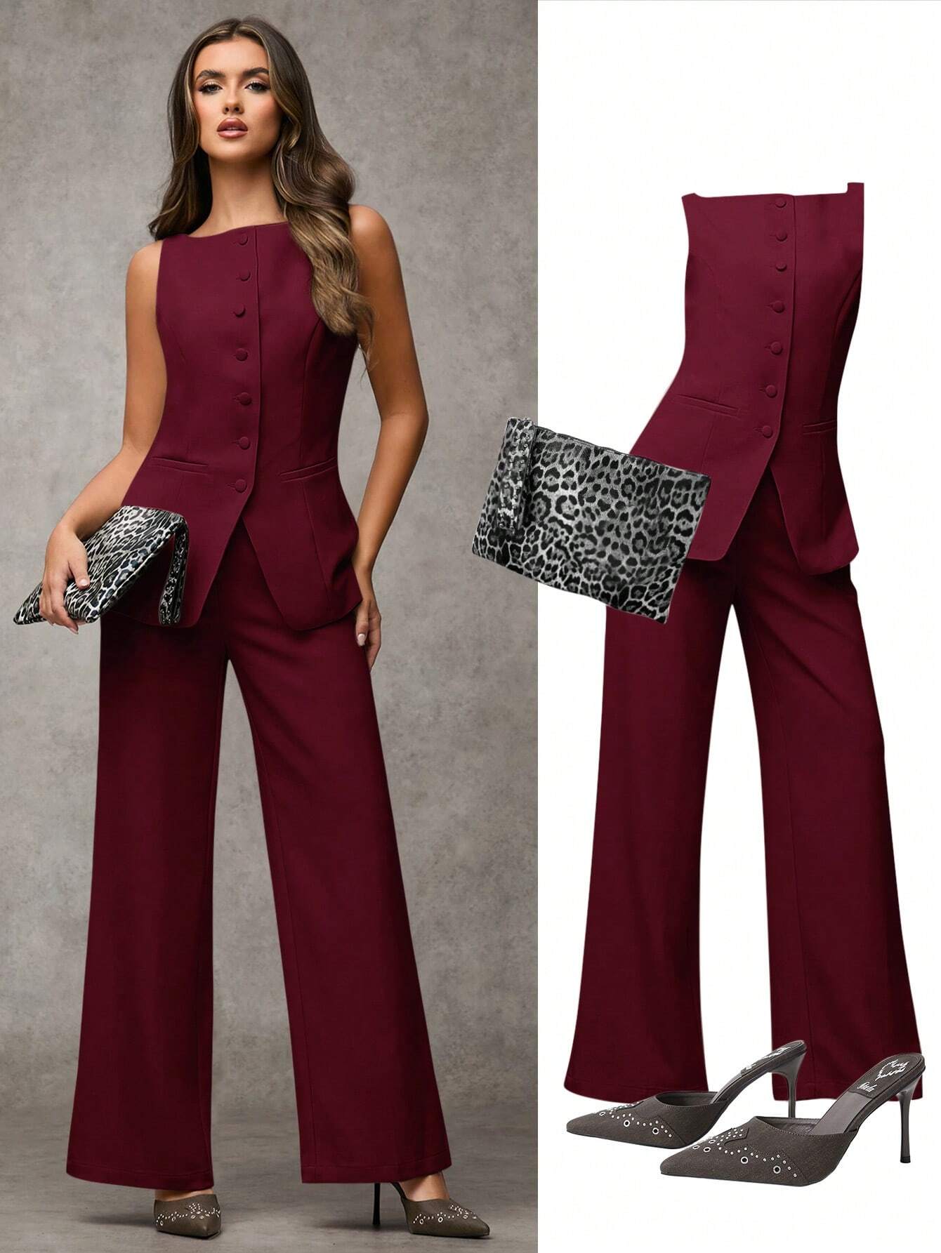 BAE Women's Solid Color Round Neck Single-Breasted Vest And Pants