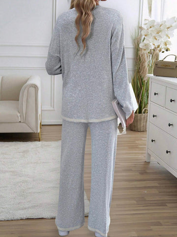 2pcs Women Knit Pullover & Pants Set, Casual Contrasting Color Outfit