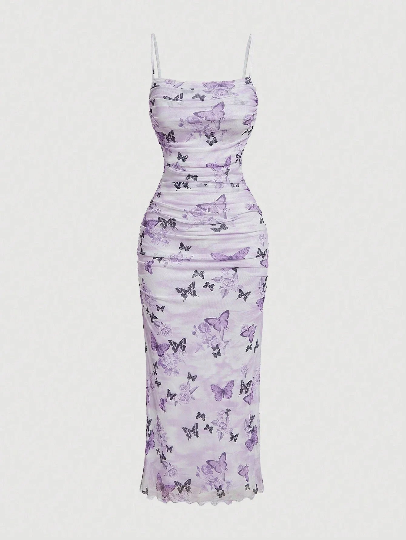 MOD Summer Pink Floral Print Ruched Mesh Cami Long Dress