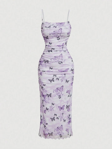 MOD Summer Pink Floral Print Ruched Mesh Cami Long Dress