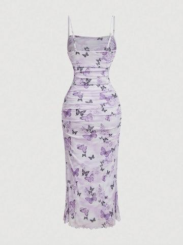 MOD Summer Pink Floral Print Ruched Mesh Cami Long Dress