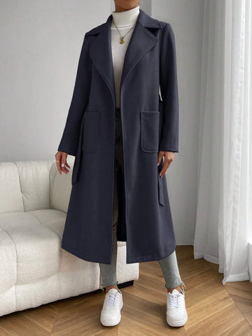 EZwear Apricot Lapel Neck Dual Pocket Belted Overcoat