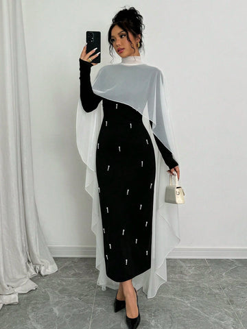 1pc Women Black Beaded Poncho Style Long Dress Maxi Women Outfit