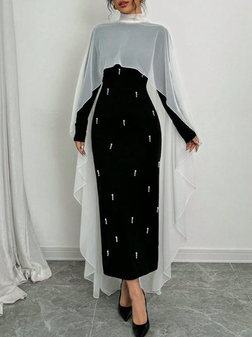1pc Women Black Beaded Poncho Style Long Dress Maxi Women Outfit