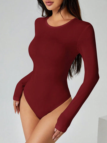 PETITE Solid Long Sleeve Slim Fit White T-Shirt Bodysuit
