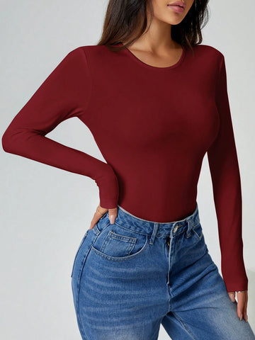 PETITE Solid Long Sleeve Slim Fit White T-Shirt Bodysuit