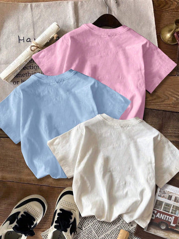 3pcs California Letter Graphic Round Neck Short Sleeve Cropped T-Shirt