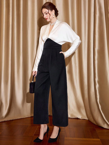 Elegant Women's Jumpsuit V-Neck Long Sleeve Ruched Splice Colorblock Satin