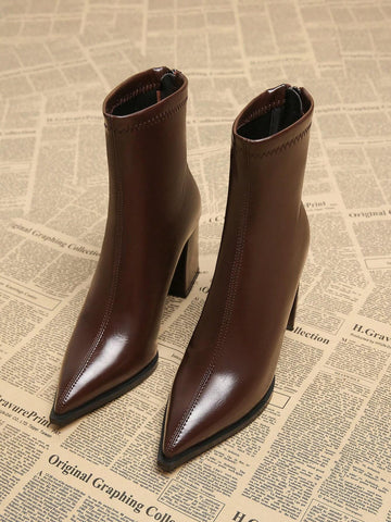 New Elegant Wine Red Thick Heel High Heel Pointed Toe Women Boots