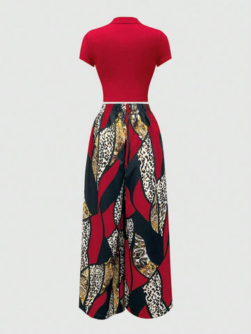 2pcs Women's T-Shirt And Colorblock Wide Leg Pants