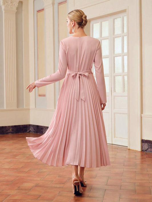 ZEYLAH SOLID RUCHED WAIST PLEATED HEM DRESS
