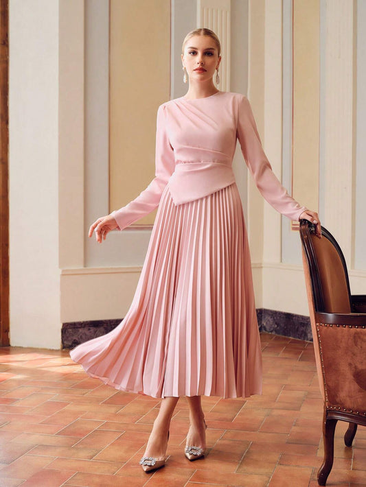 ZEYLAH SOLID RUCHED WAIST PLEATED HEM DRESS