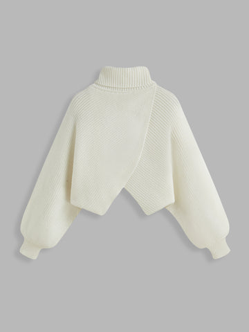 High Neck Solid Knitted Long Sleeve Crop Sweater